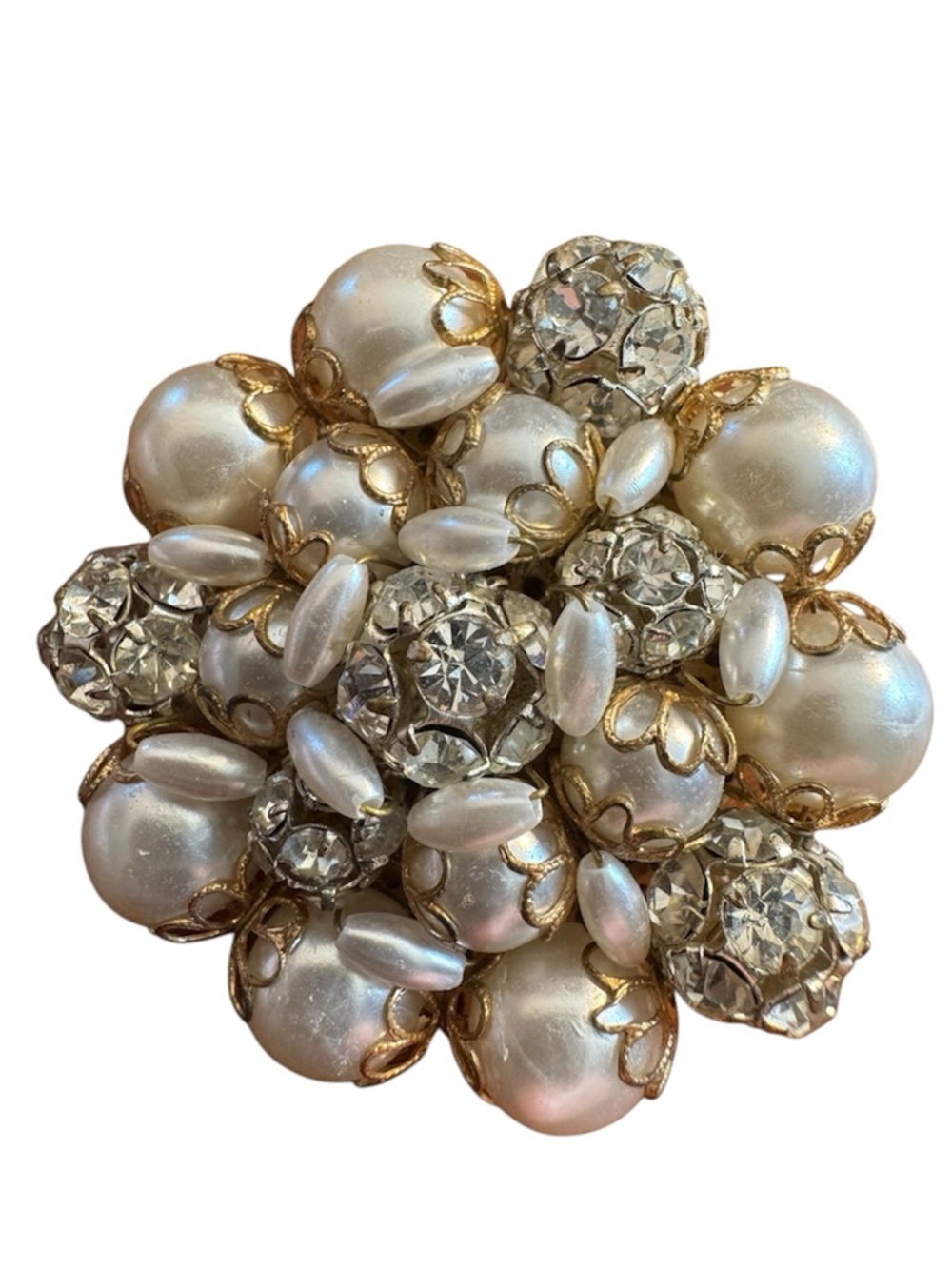 Elegant Vintage Faux Pearl and Crystal Cluster Brooch - Gold Tone Accents
